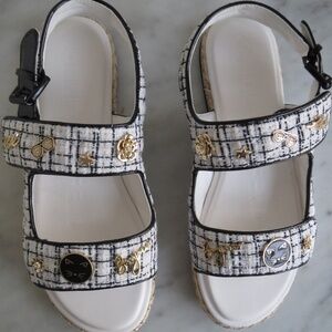 Karl Lagerfeld Paris Charlay Logo Black White Tweed Sandals Kitty Cats